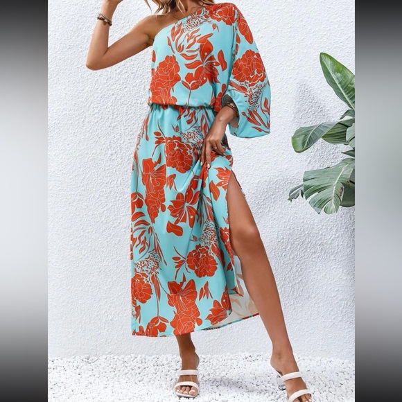FLORAL PRINT ONE SHOULDER MAXI DRESS